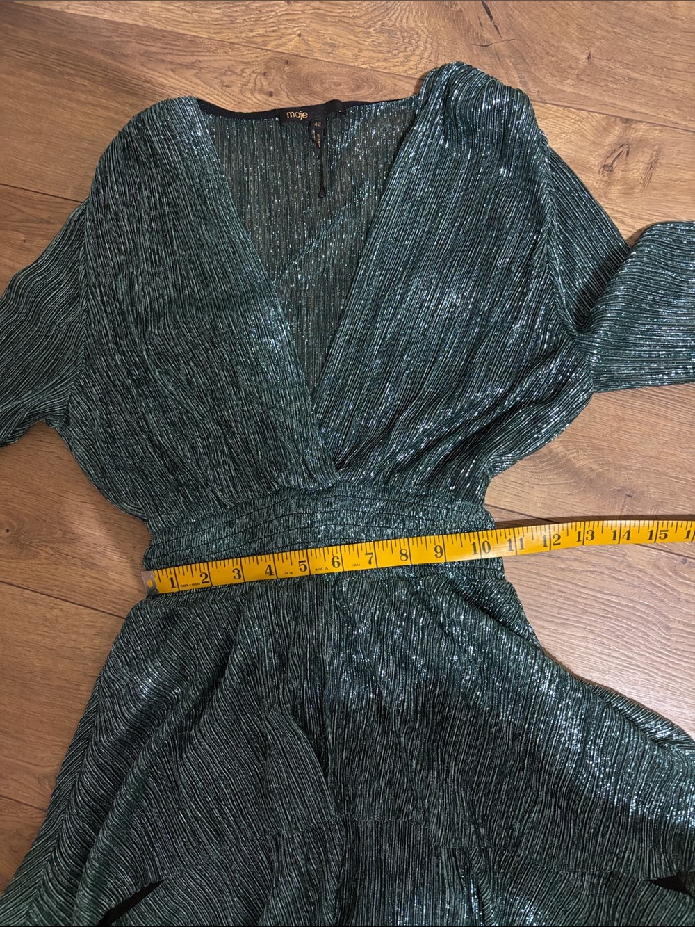 Maje Ruffine Stretch Lurex Metallic Green Ruffle Midi Dress Size 42 - Picture 10 of 14